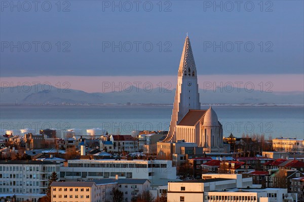 View over the  Lutheran Hallgrímskirkja / church of Hallgrímur in Reykjavík, capital city of Iceland in winter