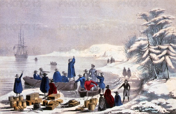 Lithograph entitled: The landing of the Pilgrims on Plymouth Rock, December 11th, 1620. Plymouth Rock is the traditional site of disembarkation of William Bradford and the Mayflower Pilgrims who founded Plymouth Colony in 1620. It is an important symbol i