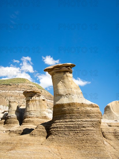Hoodoos, striking geological formations, in the badlands just outside of Drumheller, Alberta, Canada.