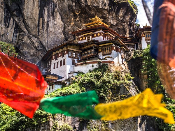 Taktshang Goemba. Tigers nest monastery. view with prayer flags Bhutan