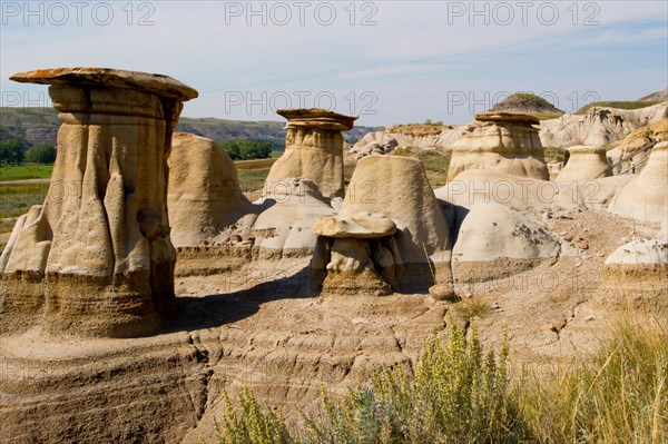 Hoodoos, geological formations created by erosion, in the Badlands near Drumheller, Alberta, Canada.