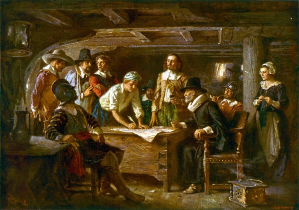 MAYFLOWER COMPACT 1620. Painting by Jean Leon Ferris in 1899
