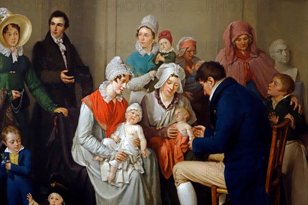 Nineteenth century painting showing doctor vaccinating babies with cowpox to protect them from the more virulent infection smallpox