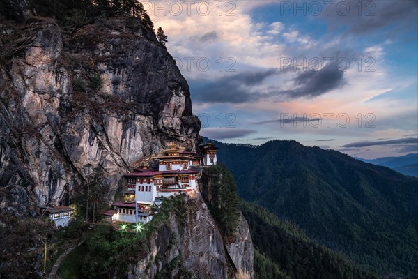 The famous Tiger's Nest monastery of Paro Taktsang at sunset in Bhutan