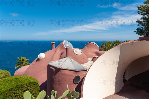 Architectural detail of the Palais Bulles in front of Mediterranean panorama, ThÃ©oule-sur-Mer, Var, Provence-Alpes-Cote d`Azur, France, Europe