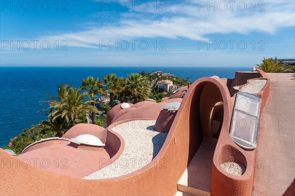 Architectural detail of the Palais Bulles in front of Mediterranean panorama, Théoule-sur-Mer, Var, Provence-Alpes-Cote d`Azur, France, Europe