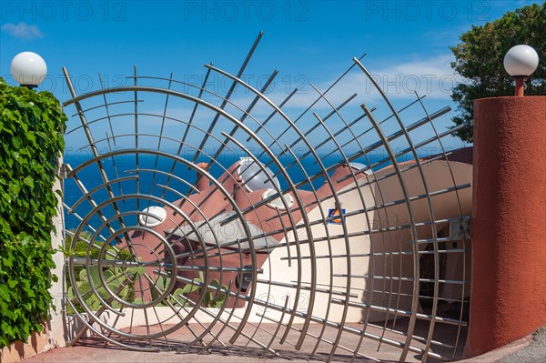 Entrance gate to the Palais Bulles, ThÃ©oule-sur-Mer, Var, Provence-Alpes-Cote d`Azur, France, Europe