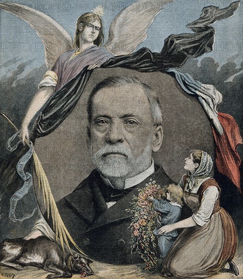 Louis Pasteur, mother and child in the foreground, allegorical figure in the background. Louis Pasteur (December 27, 1822 - September 28, 1895) was a French chemist and bacteriologist who founded the science of microbiology. Pasture discovered that disease could be caused by bacteria transmitted from person to person (the germ theory of disease). He also developed vaccines for rabies and anthrax. Lithograph by H. Meyer, October 13, 1895.