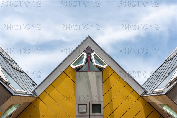 Rotterdam, Netherlands - April 23, 2019 : Yellow Cube houses - Kubuswoningen - in Blaak station area famous landmark of the city