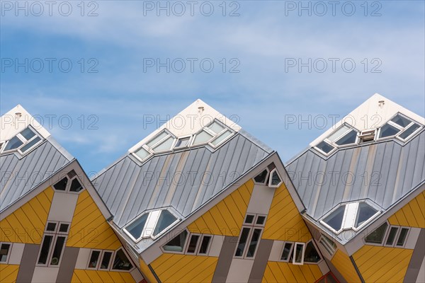 Rotterdam, Netherlands - April 23, 2019 : Yellow Cube houses - Kubuswoningen - in Blaak station area famous landmark of the city