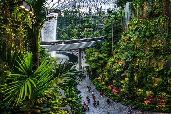 Singapore - Jun 11,  2019: HSBC Rain Vortex. Jewel Changi Airport is a mixed-use development at Changi Airport in Singapore, opened in April 2019.