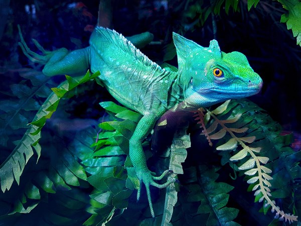 Helmet-bearing basilisk lizard sits in a terrarium among green leaves