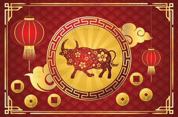 Chinese new year card with bull and flowers illustration.