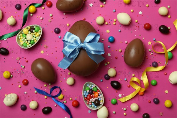 Easter chocolate eggs, candies and sprinkles on pink background