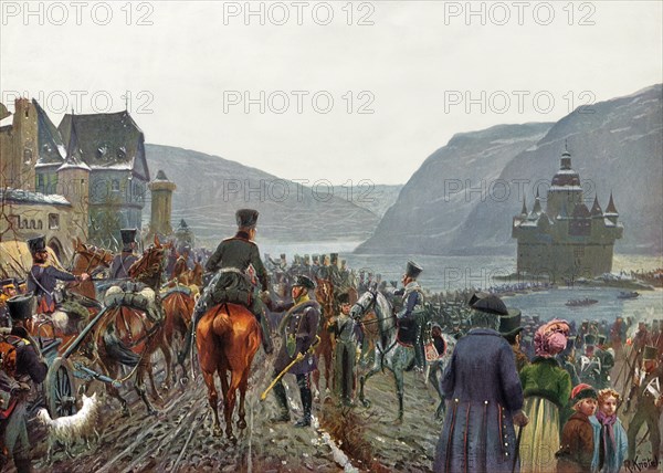 The 1st Silesian Army crosses the river Rhine led by General Blucher near Kaub on 1 January 1814, German Wars of Liberation, Col