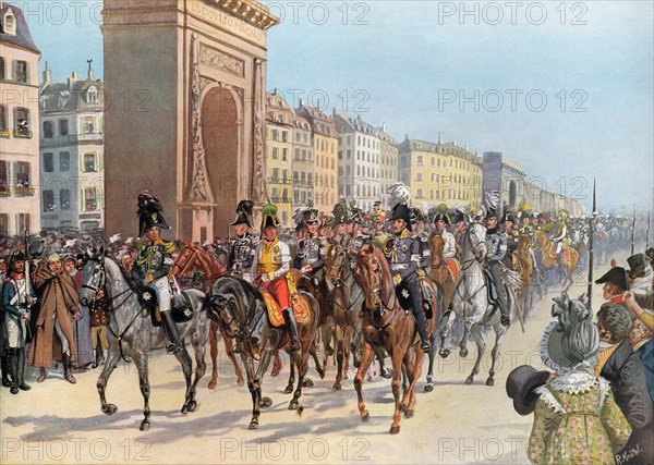 Capitulation of Paris on 31 March 1814, Frederick William III of Prussia and Alexander I of Russia lead their troops through Par
