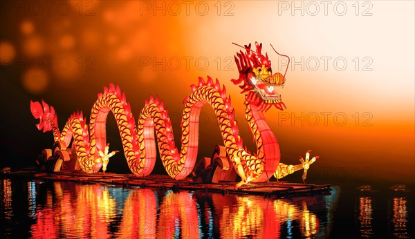 Chinese new year dragon lanterns on pond in china town