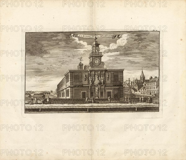 The Samaritan's Pump, La Samaritaine pumping station for water supply of the Louvre and Jardin des Tuileries in Paris, Fig. 47, no. 58, after p. 96, Breitkopf, Bernhard Christoph (ed.), 1735, Carl Christian Schramm: Historischer Schauplatz in welchem die merkwürdigsten Brücken aus allen Theilen der Welt, insonderheit aber die in den vollkommensten Stand versetzte Dresdner Elb-Brücke, in saubern Prospecten, Münzen und andern Kupferstichen, vorgestellet und beschrieben werden. Leipzig: Bey Bernhard Christoph Breitkopf, 1735