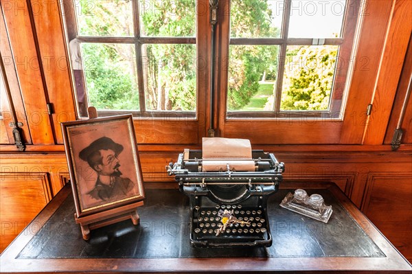 Typewriter in the office of Villa Arnaga at Cambo-les-Bains, home to the poet Edmond Rostand, author of Cyrano de Bergerac; Pays Basque, France