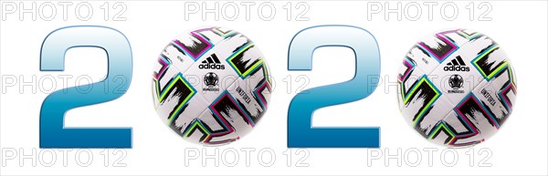 SWINDON, UK - December 27, 2019: Adidas UNIFORIA official football of the UEFA Euro 2020 competition on a white background.