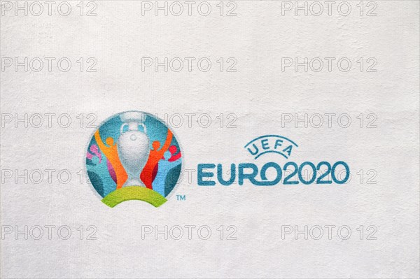 MADRID, SPAIN, APRIL. 25. 2020: Logo of Euro 2020 football tournament, printed on white fabric