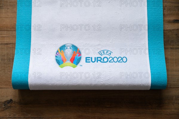 PARIS, FRANCE, JANUARY. 20. 2020: Logo of Euro 2020 football tournament, printed on white fabric