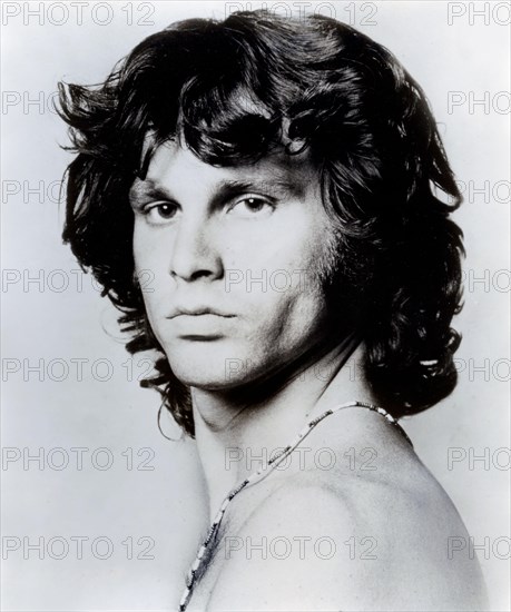Blackand white publicity photo of Jim Morrison of the classic rock and roll band The Doors circa 1960s.