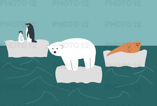 Illustration of wild animals, polar bear, penguin and seal on a melting glacier in the middle of the ocean - Global Warming