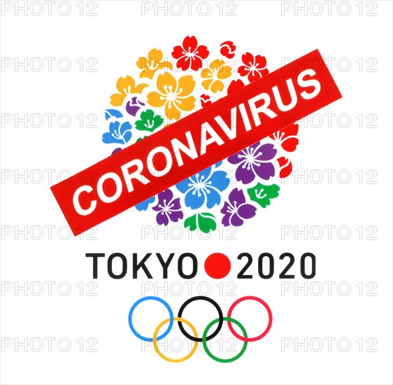 Kiev, Ukraine - March 20, 2020: Tokyo logo as Candidate City for Summer Olympic Games 2020 printed on paper and crossed out by paper sign Coronavirus.