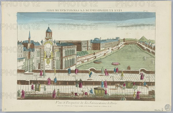 Peep-show, Veue et Perspective de la Samaritaine de Paris, No. 62, Engraving in ink with washes of watercolor on paper, mounted on scrapbook page, Peep-show print, France, ca. 1750, Print