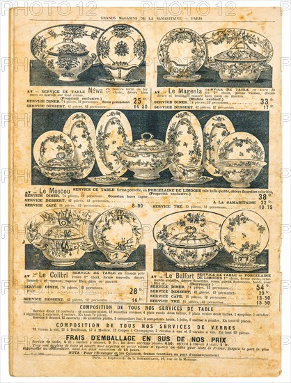 Vintage victorian dishes and collectibles. Retro shop advertising, page of very popular shopping catalog Samaritaine, Paris, France, circa 1897