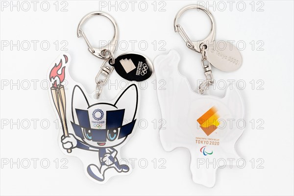 Tokyo, Japan - January 4, 2021: 2020 Tokyo Olympic Mascot Miraitowa (front) and Someity (back) keychain official licensed.