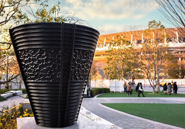 tokyo, japan - february 8 2021: Replica of the Olympic Cauldron used in 1964 for the Tokyo Olympic Summer Games exhibited at Japan Olympic Museum in S