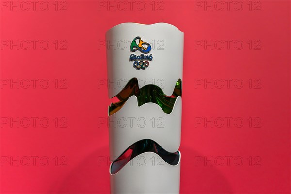 tokyo, japan - march 2 2021: Close up on the official torch used during the torch relay of the 2016 Summer Olympics of Rio exhibited in the Japan Olym