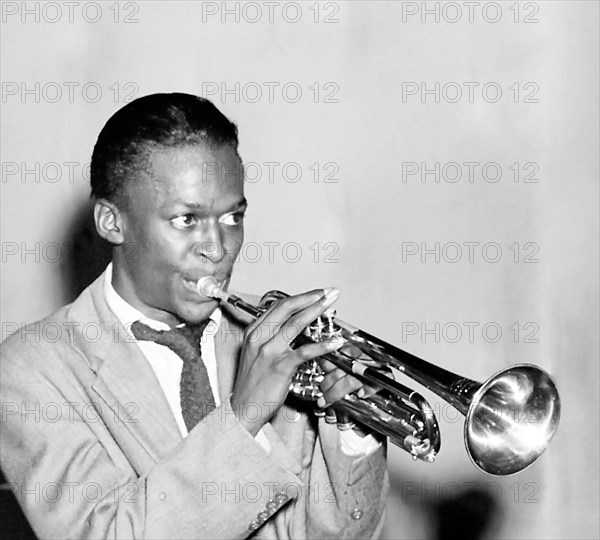 Miles Davis. Portrait of the American Jazz trumpeter, Miles Dewey Davis III (1926-1991) at the Three Deuces, New York, 1947.