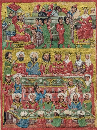A cropped fourteenth-century miniature Greek manuscript depicting scenes from the life of Alexander the Great, this scene shows Byzantine Greek musicians and various musical instruments. The scene depicted entirely in Byzantine fashion of the period. Late Byzantine period (1204-1453). “Alexander Romance” in S. Giorgio dei Greci in Venice.