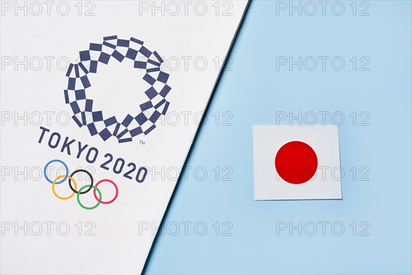 Tashkent, Uzbekistan - March 4, 2021: 2020 A towel with TOKYO 2020 Olympic games logotype and national flag of Japan