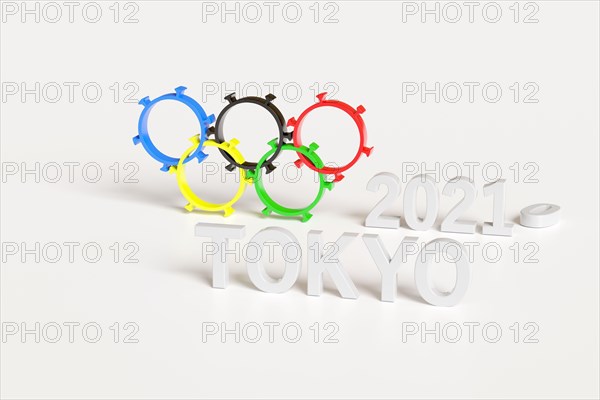 Olympic rings shaped like a coronavirus isolated on white background. Tokyo 2020. 3d Illustration.