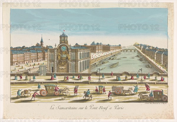 View of the Samaritaine water pump on the Pont Neuf over the River Seine in Paris; La Samaritaine sur le Pont-Neuf a Paris. .