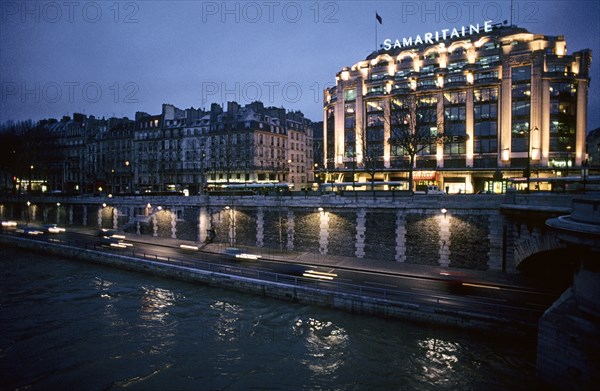 Paris La Samaritaine store shop and Seine river