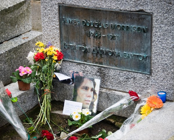 The grave of Jim Morrison in Pere Lachaise cemetery in Paris France