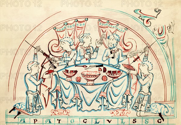 Colour Illustration; Anglo-Saxon Banquet; 11th Century Source; MS Cotton Tiberius C vi;