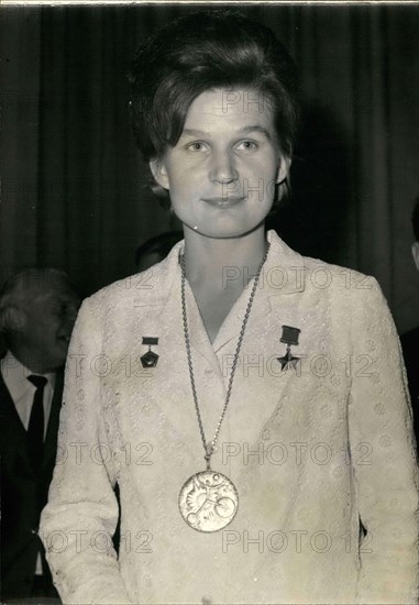 May 13, 1965 - Valentina Terechkova, the first woman astronaut, received the Prix Galabert for her 3-day space flight in 1964. Pictured wearing her medal.