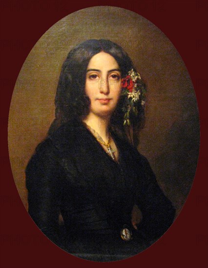 Portrait of George Sand (1804-1876) French novelist and memoirist. She is equally well known for her much publicized romantic affairs with a number of artists including the pianist Frédéric Chopin and the writer Alfred de Musset. Painted by Auguste Charpentier. Dated 1838