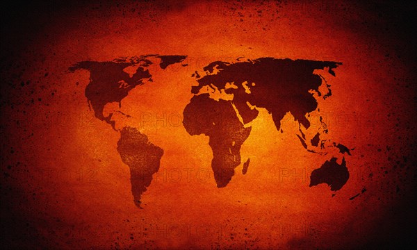 Hot glowing world map, global warming