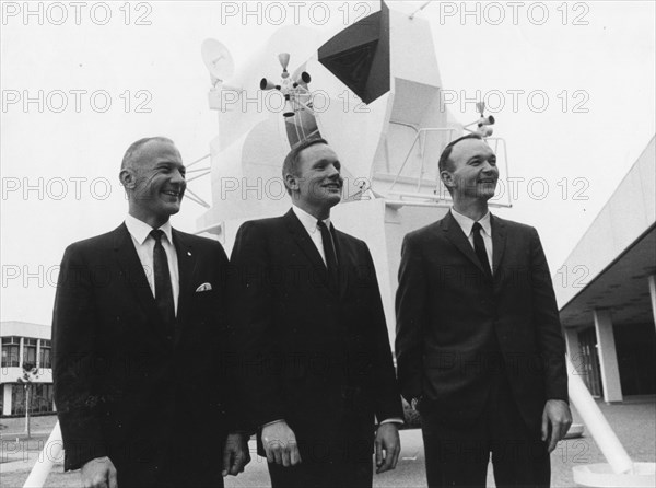These three astronauts have been selected by NASA as the prime crew of the Apollo 11 lunar landing mission. L-r, are Edwin Aldrin, Jr., lunar module pilot; Neil A. Armstrong, commander; and Michael Collins, command module pilot.
