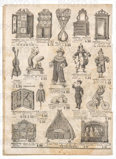 Vintage toys collection. Antique googs shop advertising, page of original shopping catalog La Samaritaine, Paris, France, circa 1897