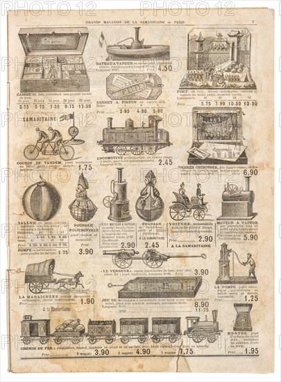 Vintage victorian toys collection. Old engraved picture.  Antique googs shop advertising, page of original shopping catalog La Samaritaine, Paris, Fra