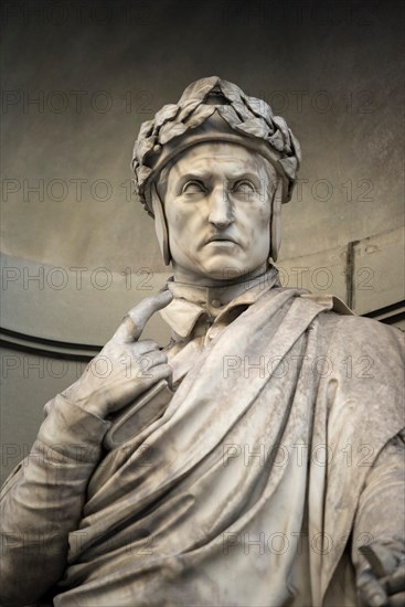 Florence. Italy. Statue of Dante Alighieri (ca. 1265-1321), Italian poet, Uffizi Gallery.