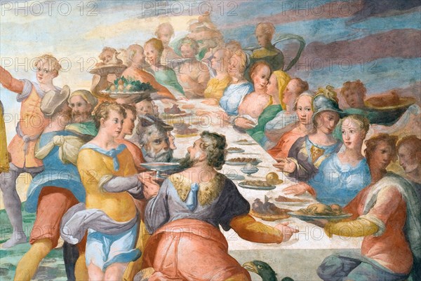 Painting "Convito degli Dei" (Banquet of the Gods) by Salvio Savini, 1580, Palazzo della Corgna, Città della Pieve, Umbria, Italy